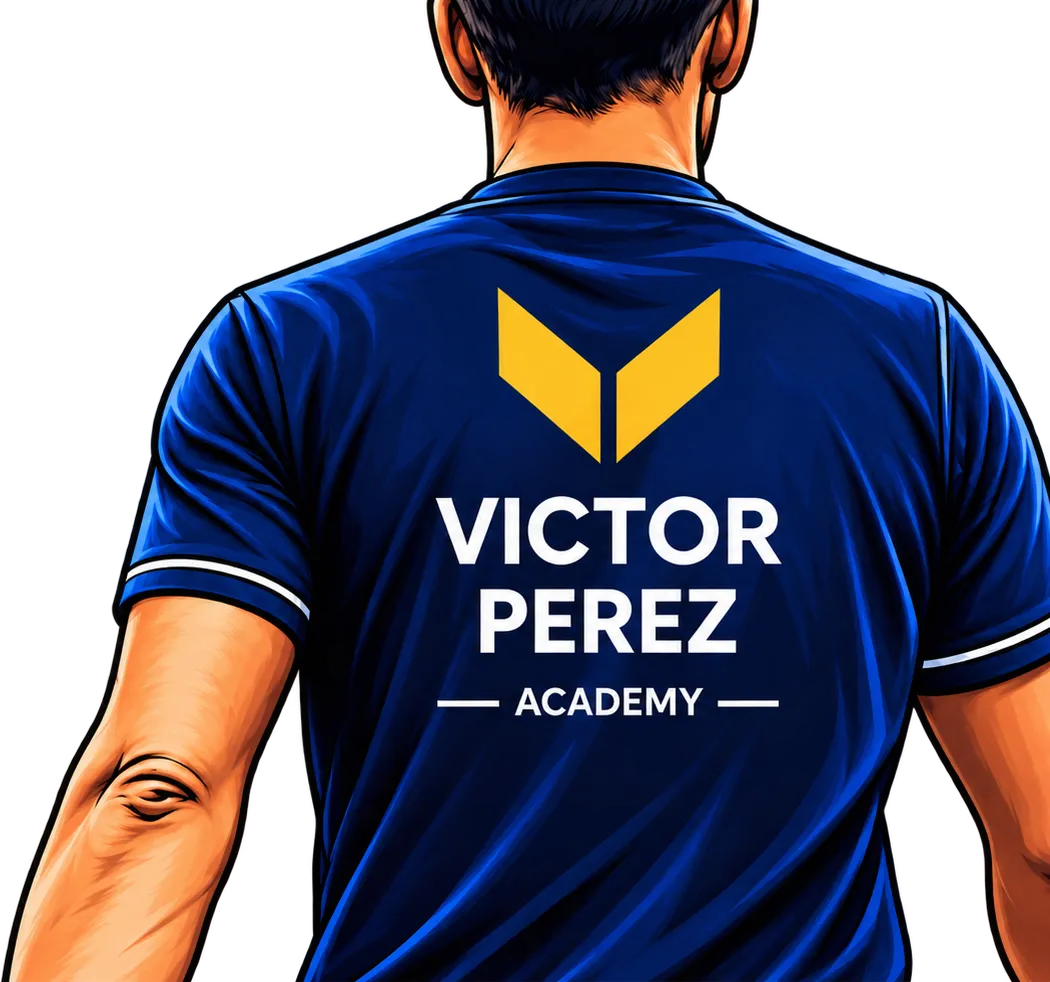 Victor Perez from behind, wearing his Victor Perez Padel Academy shirt
